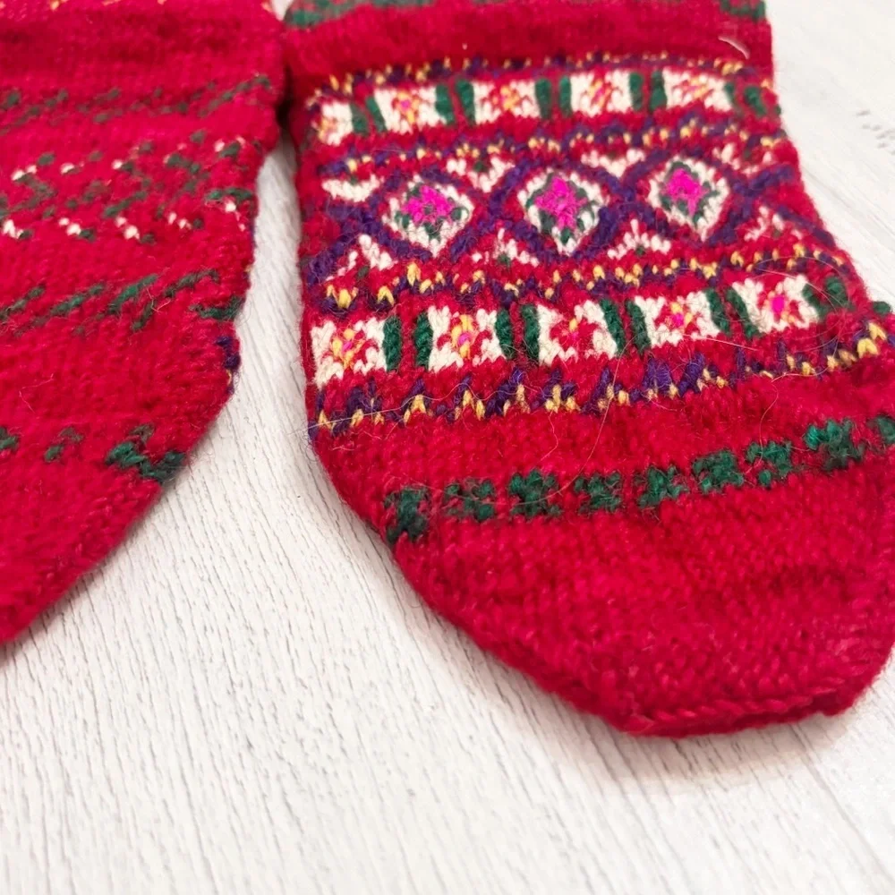 Hand-Knitted Heavy Wool Socks Nordic Pattern Fair Isle Red Multi Cozy Winter OS
